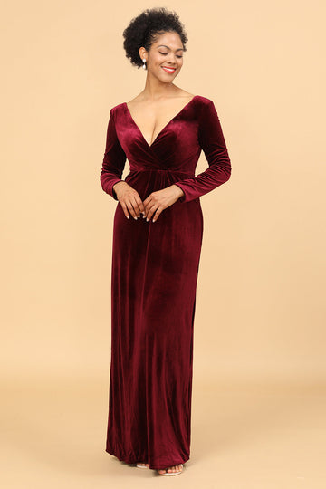 Burgundy Sheath Deep V-Neck Floor Length Velvet Bridesmaid Dress